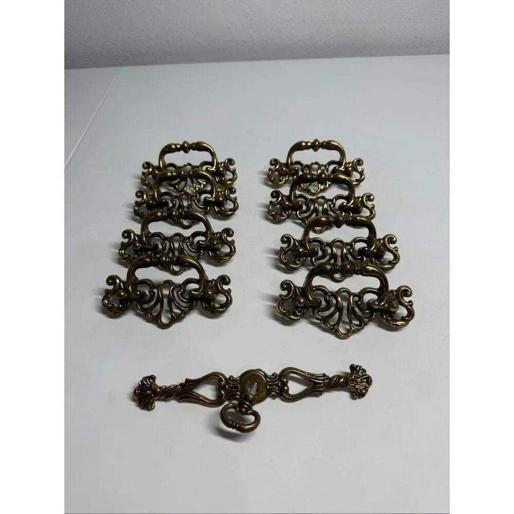 Vintage Batwing Chippendale Metal Drop Bail Pull Drawer Set 9 pcs